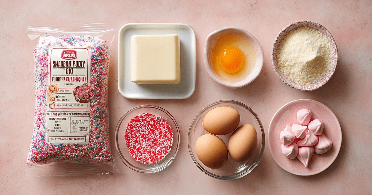 Flat lay of ingredients for Strawberry Kiss Cookies including funfetti cookie mix, cream cheese, eggs, butter, red and white nonpareil sprinkles, and strawberry-flavored Hershey’s Kisses