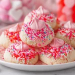 Close-up of Strawberry Kiss Cookies topped with pink kisses and colorful sprinkles on a white plate