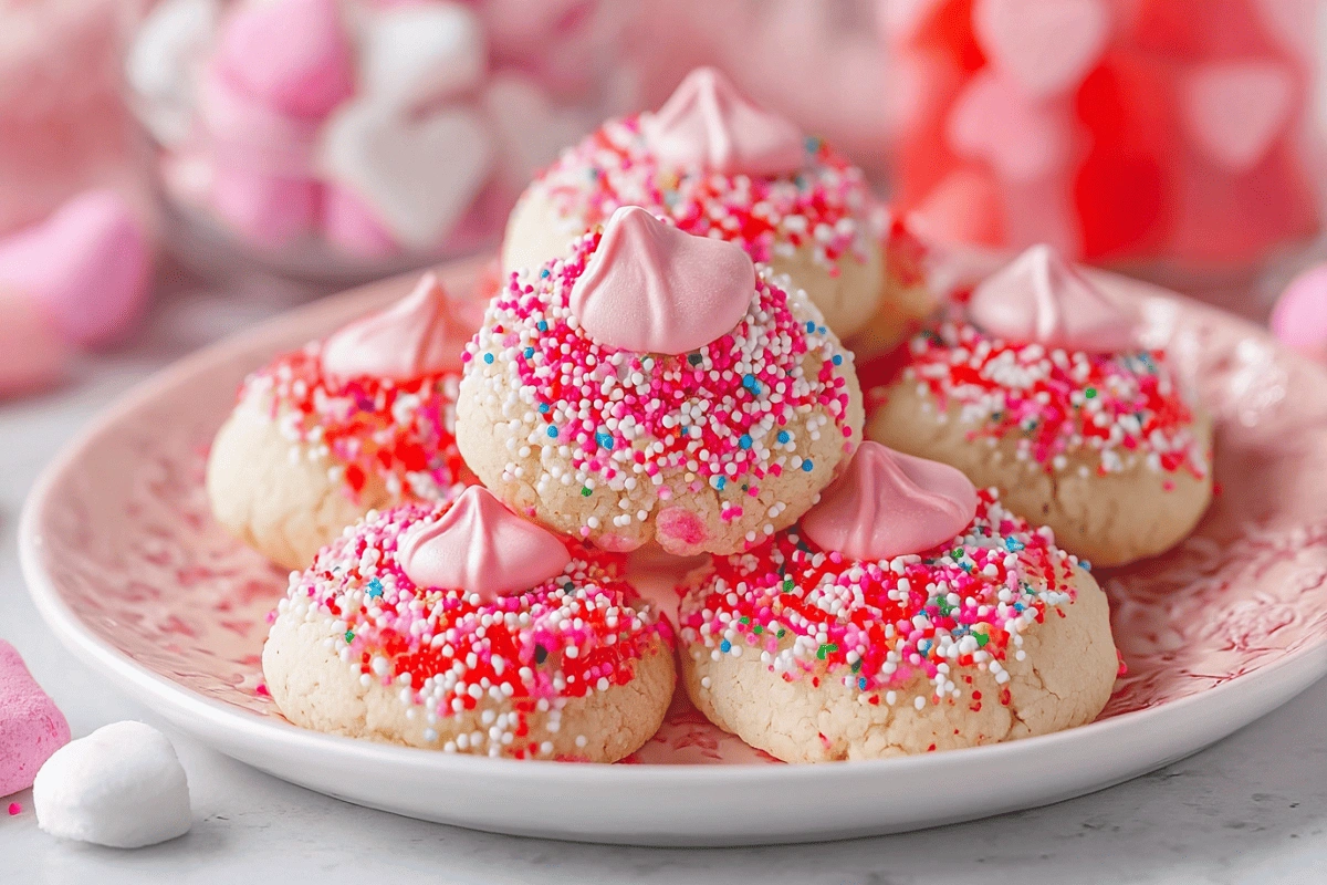 Close-up of Strawberry Kiss Cookies topped with pink kisses and colorful sprinkles on a white plate