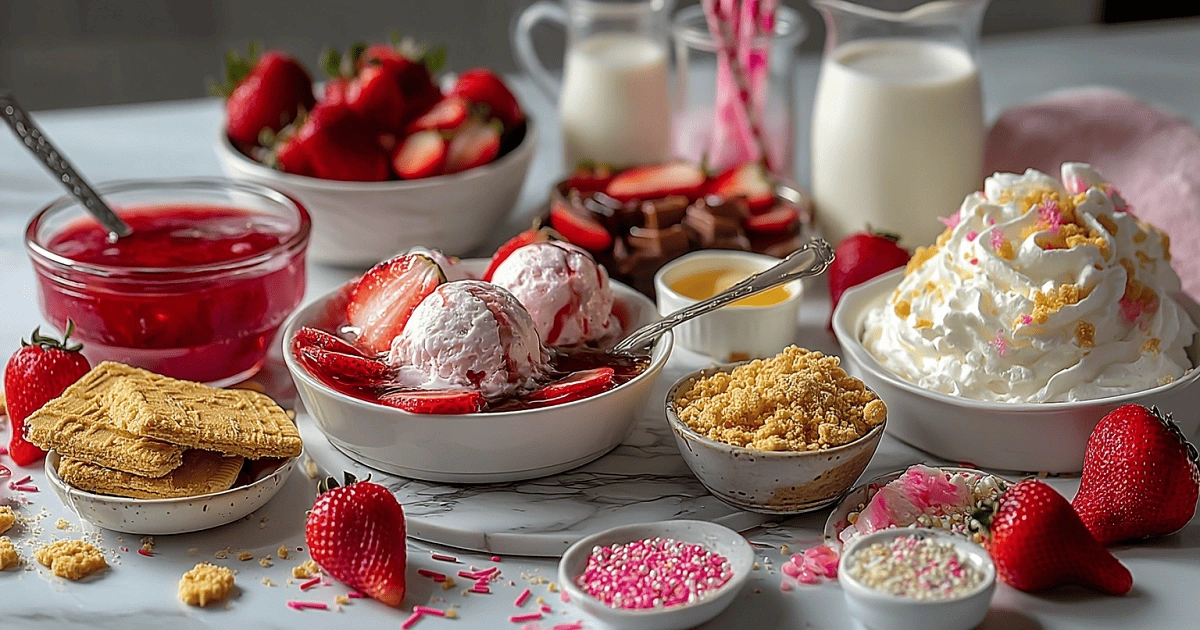Ingredients for Strawberry Shortcake Milkshake including strawberries, vanilla ice cream, milk, cookies, and whipped cream
