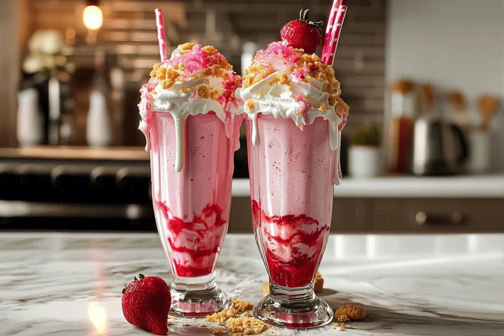 Strawberry Shortcake Milkshake with whipped cream, crushed cookies, and fresh strawberry on top