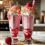 Strawberry Shortcake Milkshake with whipped cream, crushed cookies, and fresh strawberry on top