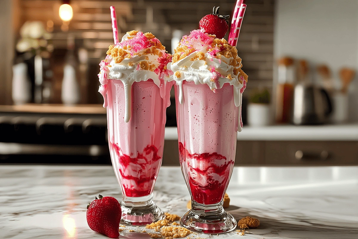 Strawberry Shortcake Milkshake with whipped cream, crushed cookies, and fresh strawberry on top