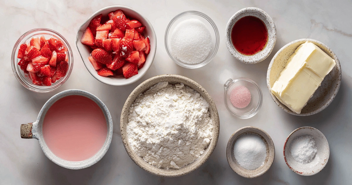  Strawberry sugar cookie ingredients including strawberries, flour, sugar, vegan butter, and vanilla extract