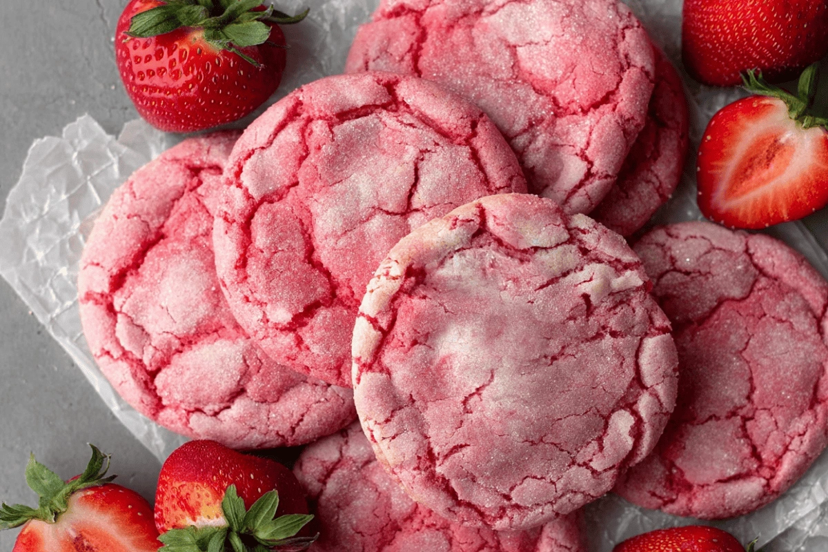Soft and chewy strawberry sugar cookies with real strawberries