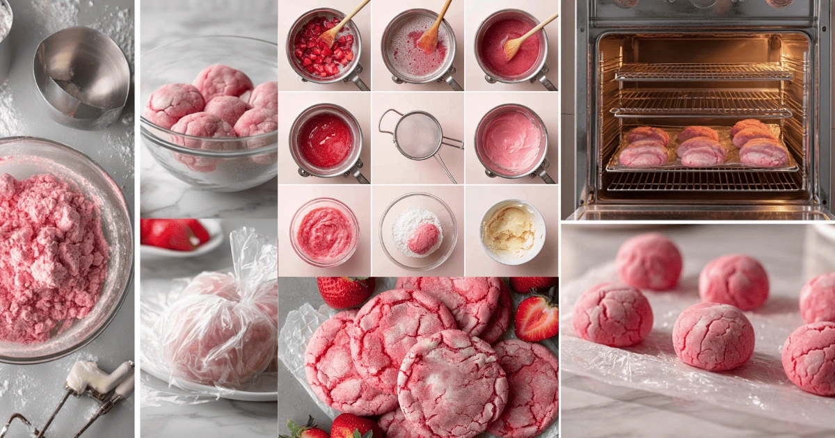 Step-by-step process of making strawberry sugar cookies with real strawberries and gluten-free ingredients