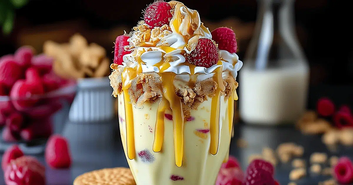 Garnished raspberry custard crunch milkshake topped with whipped cream
