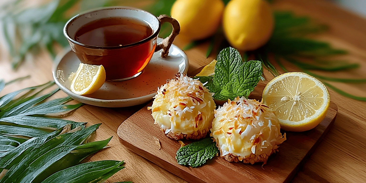Two lemon coconut cheesecake cookies on a wooden tray with mint, sliced lemon, and a cup of tea in a cozy tropical setting