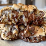Thick gooey chocolate chip cookies with melted chocolate dripping inside