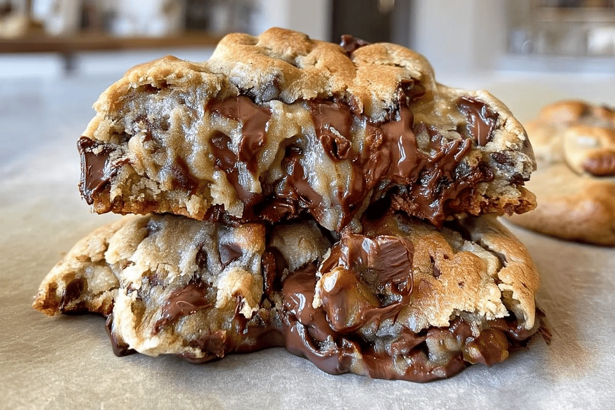 Thick gooey chocolate chip cookies with melted chocolate dripping inside