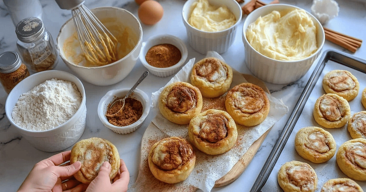 Assembling cinnamon roll cheesecake cookies with cinnamon sugar, cream cheese filling, and cookie dough on trays