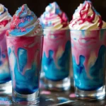 Blue Raspberry Kool-Aid Swirl Drink with blue and pink syrup and whipped cream