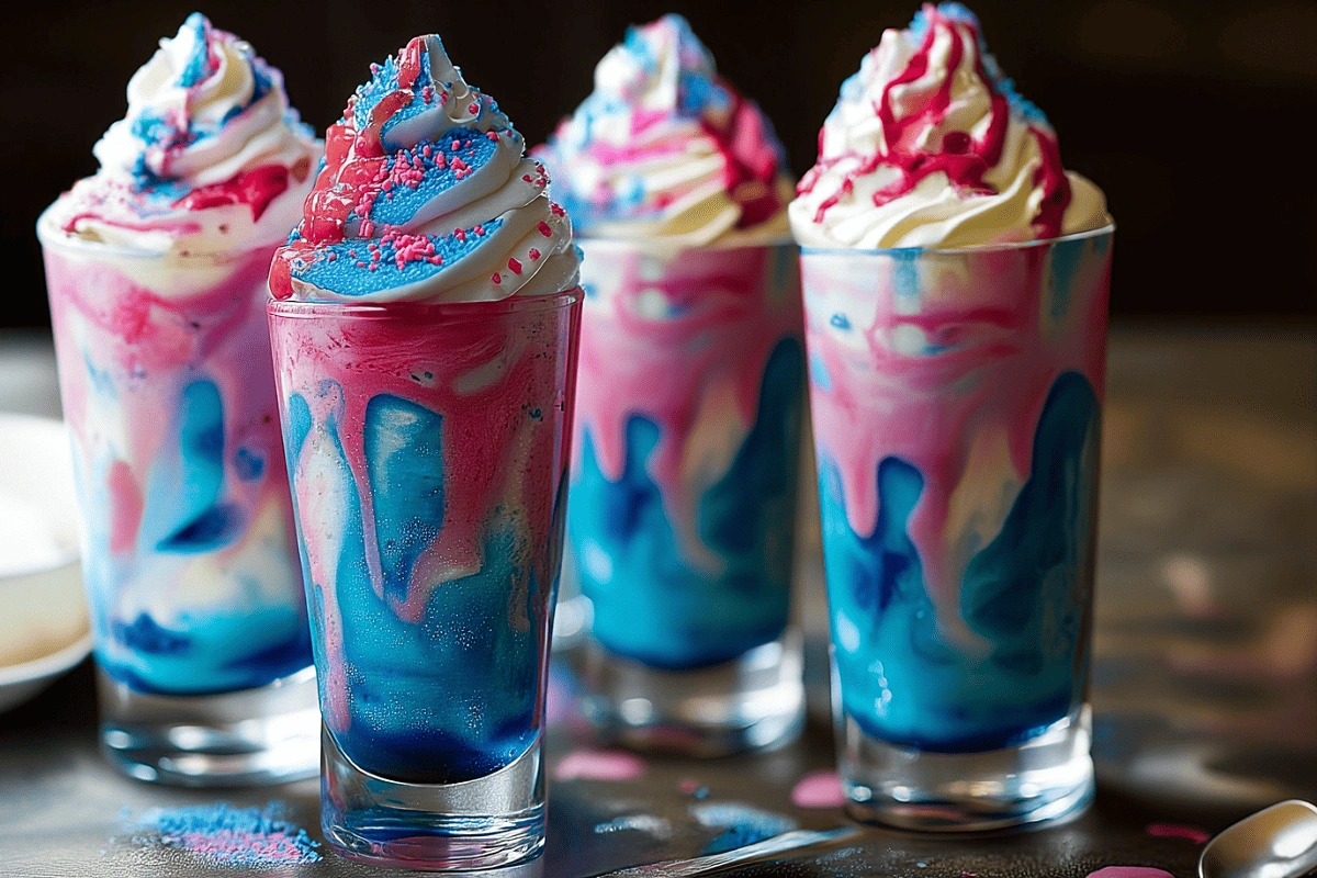 Blue Raspberry Kool-Aid Swirl Drink with blue and pink syrup and whipped cream