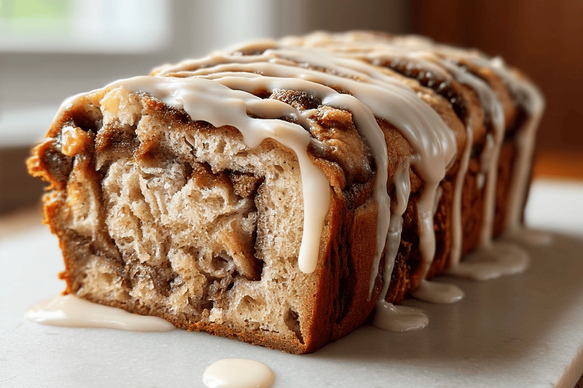 Cinnamon roll banana bread sliced with maple glaze dripping