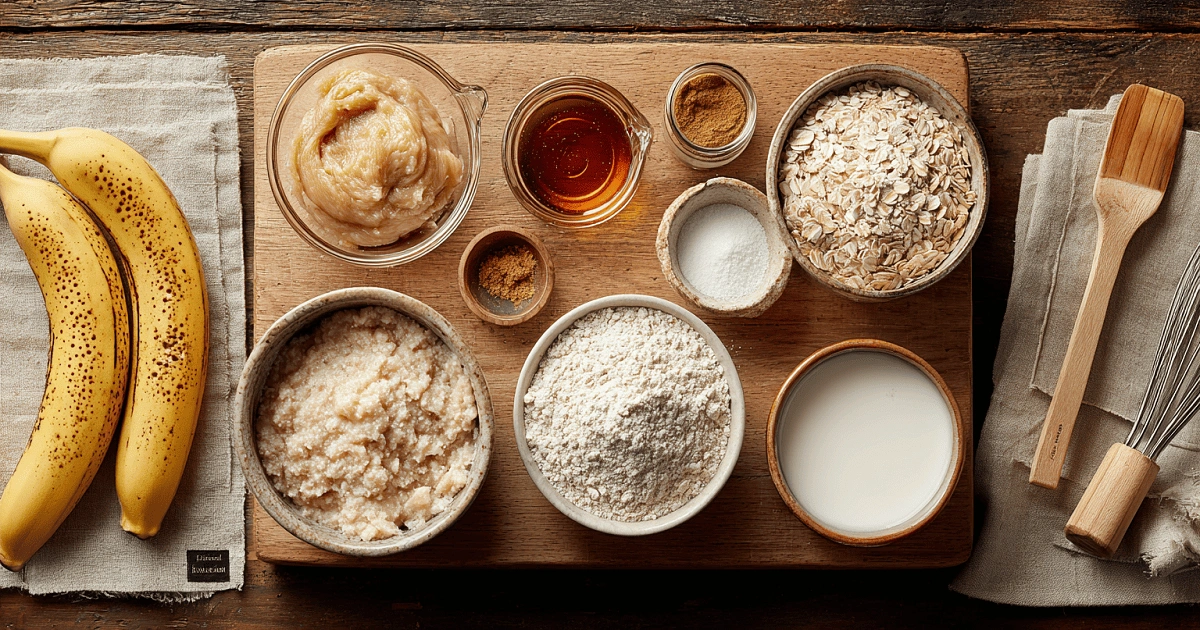 Ingredients for cinnamon roll banana bread including bananas, oat flour, almond flour, maple syrup, and spices on a wooden board