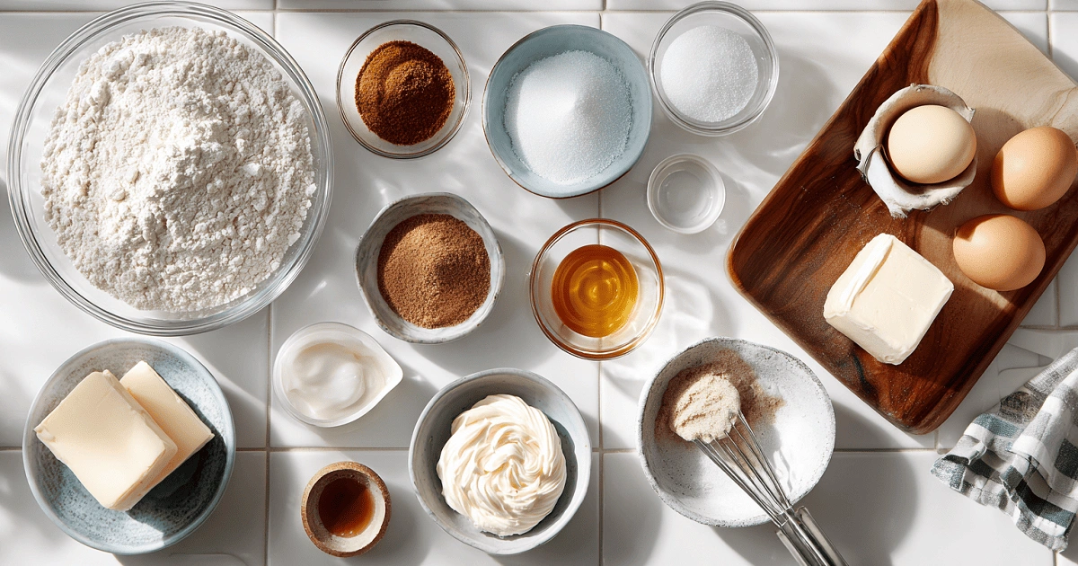 Ingredients for cinnamon roll cheesecake cookies including flour, butter, sugar, eggs, cream cheese, and cinnamon