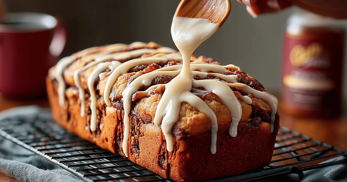 Maple cream cheese glaze on cinnamon roll banana bread