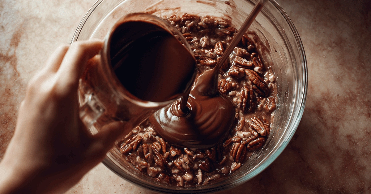  Mixing melted chocolate into Texas chocolate pecan pie filling