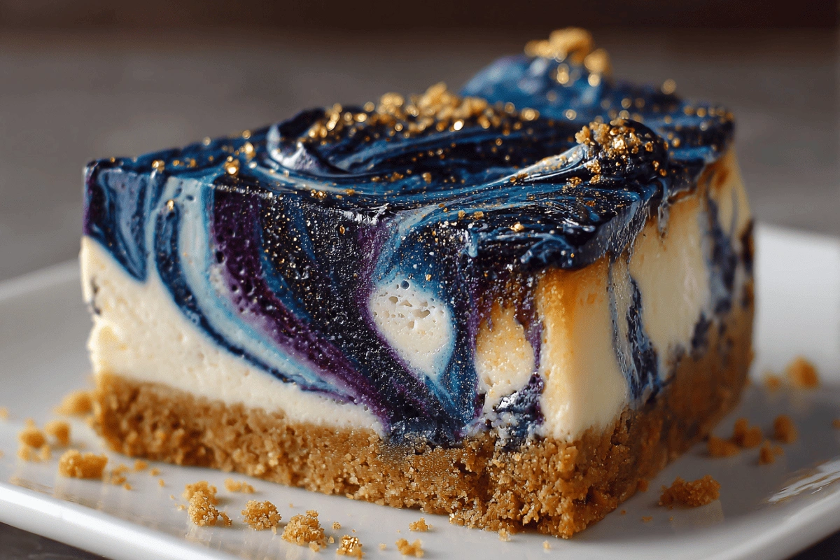 Ravenclaw Midnight Blueberry Cheesecake with silver stars and blueberry swirl on rustic table