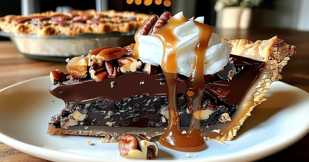 Texas chocolate pecan pie served with whipped cream and caramel