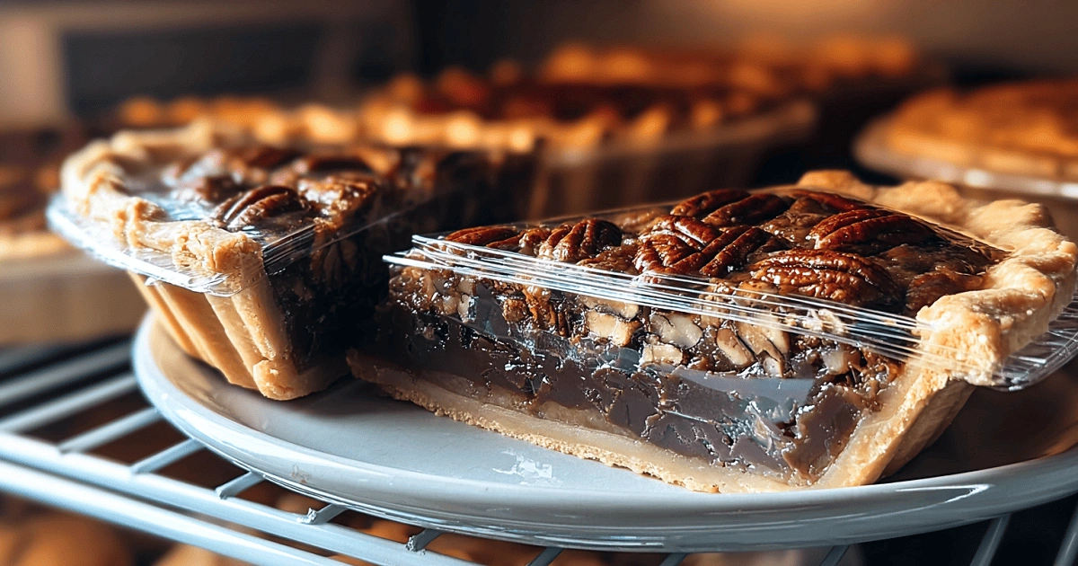 Slices of Texas chocolate pecan pie wrapped and stored in fridge