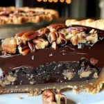 Close-up of a slice of Texas chocolate pecan pie with toasted pecans and rich dark chocolate filling