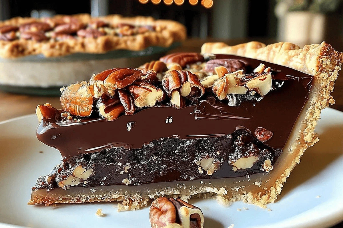 Close-up of a slice of Texas chocolate pecan pie with toasted pecans and rich dark chocolate filling