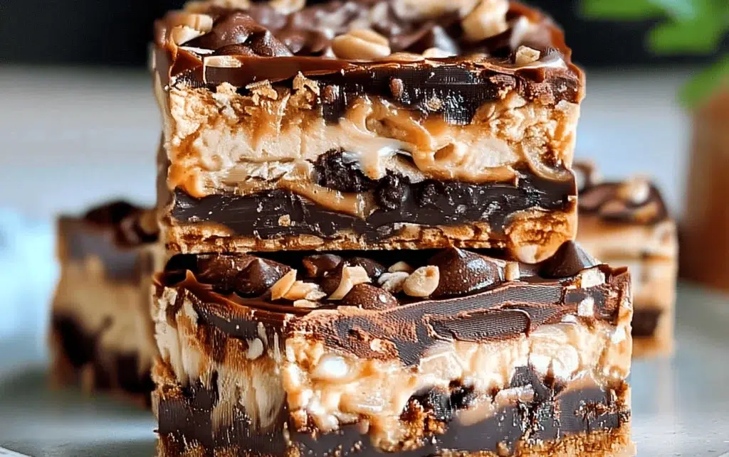 4-Layer Everything Bars with cookie crust, caramel, nougat, and chocolate ganache