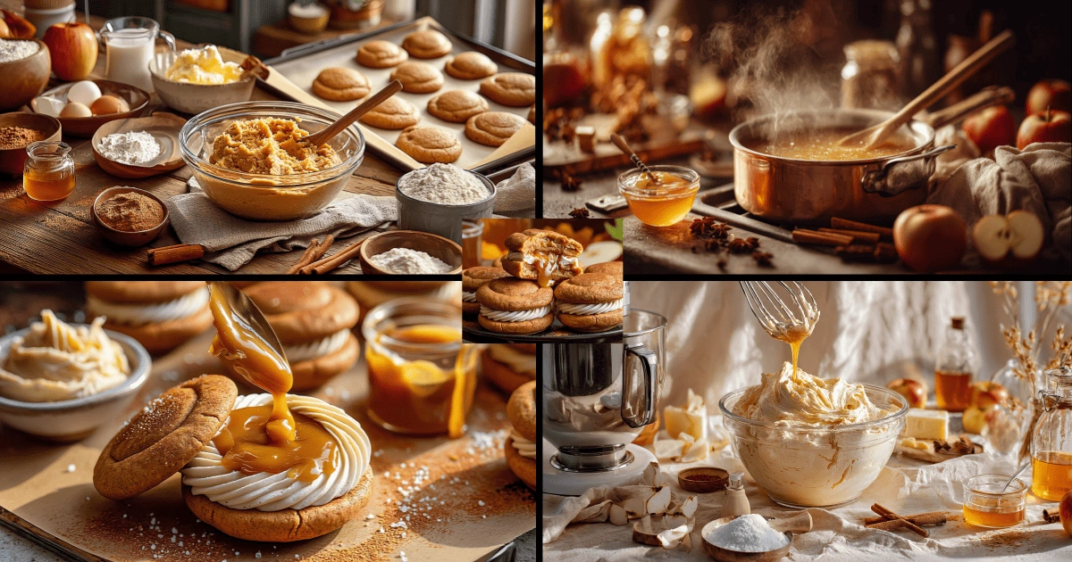 Step-by-step visuals of making Apple Cider Whoopie Pie Cookies with Caramel Filling from batter mixing to caramel drizzle