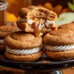 Apple Cider Whoopie Pie Cookies with Caramel Filling oozing with buttery caramel and spiced apple flavor