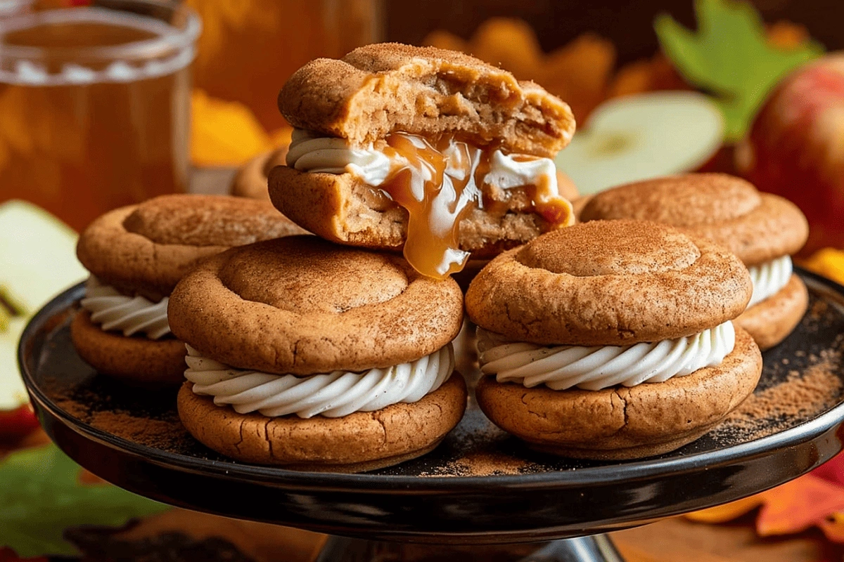 Apple Cider Whoopie Pie Cookies with Caramel Filling oozing with buttery caramel and spiced apple flavor