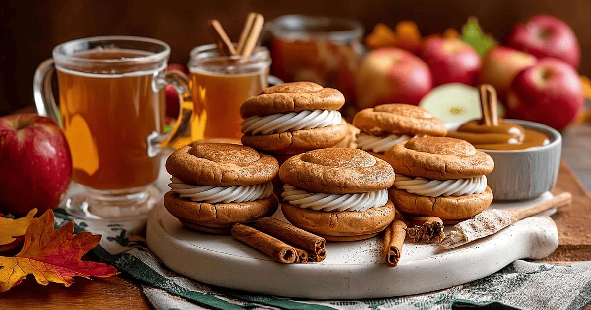 Freshly baked Apple Cider Whoopie Pie Cookies with Caramel Filling served with mugs of hot apple cider, apples, and cinnamon sticks
