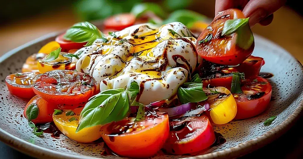 Hand assembling Burrata Caprese Salad with creamy burrata cheese, heirloom tomatoes, basil, olive oil, and balsamic glaze