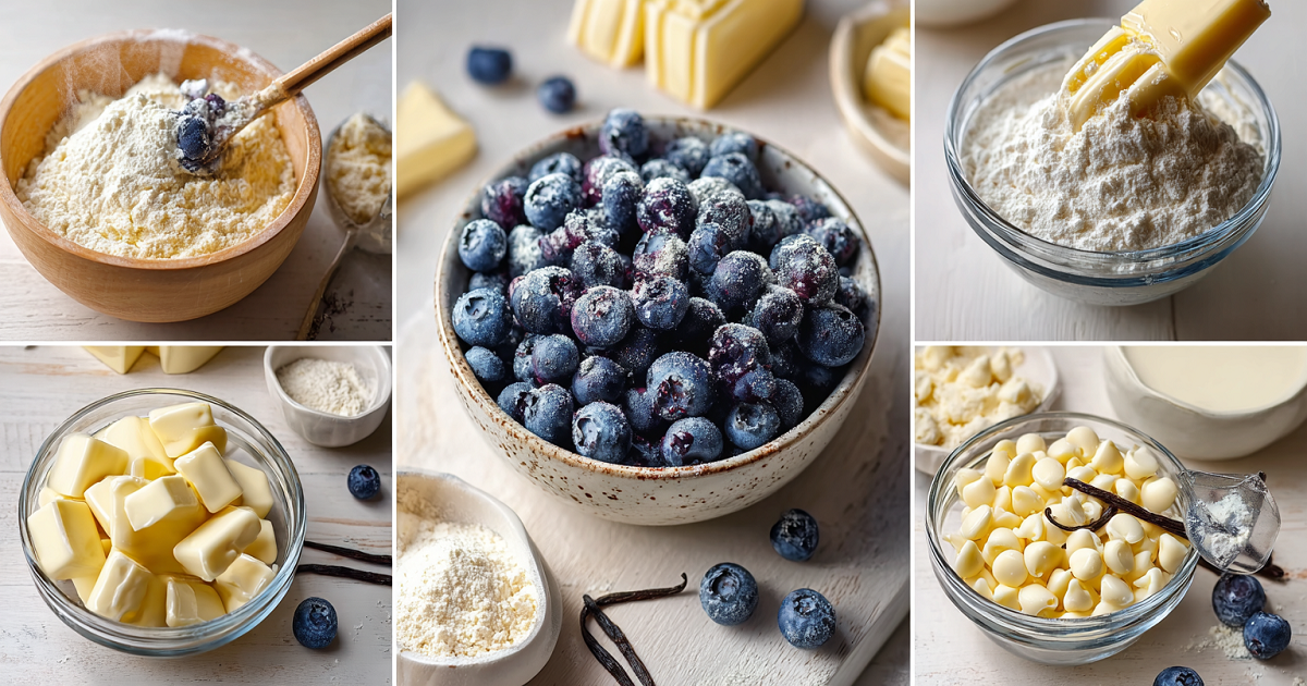 Collage of baking ingredients for blueberry white chocolate chip cookies including fresh blueberries, white chocolate chips, butter, flour, and sugar