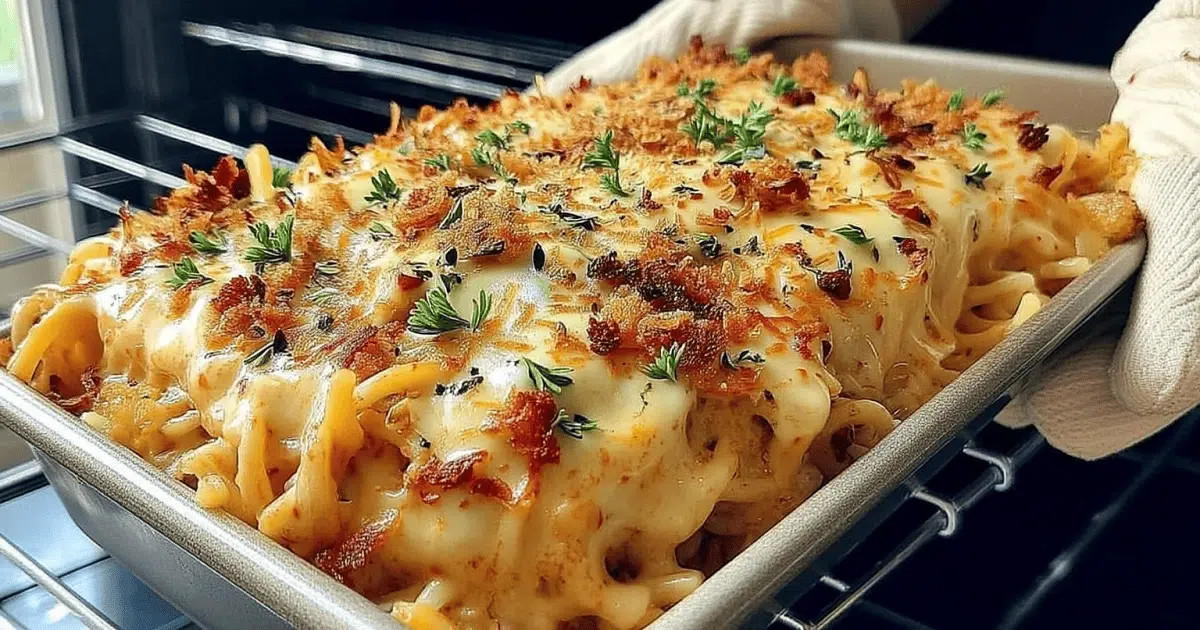 Irresistible Spicy Southern Chicken Spaghetti Casserole bubbling in the oven with melted cheese and crispy bacon topping