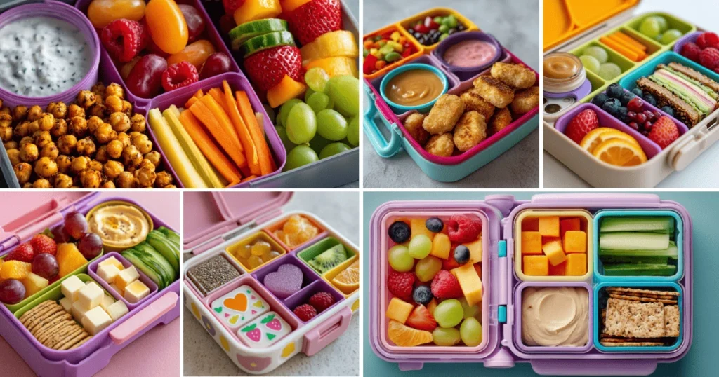 Bento box school lunch ideas for kids with fruits, veggies, dips, and protein snacks