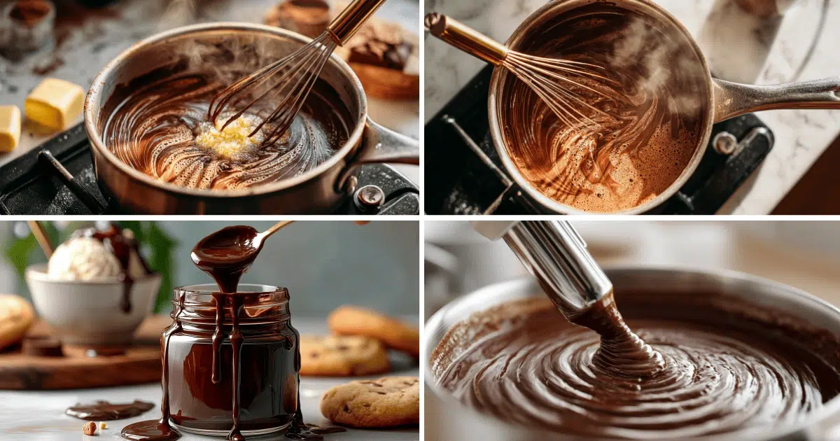 Best hot fudge recipe cooking process with whisk in saucepan and glossy melted chocolate sauce