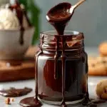 Best hot fudge recipe poured from spoon into glass jar with cookies and ice cream in background