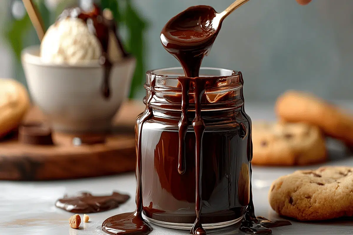 Best hot fudge recipe poured from spoon into glass jar with cookies and ice cream in background