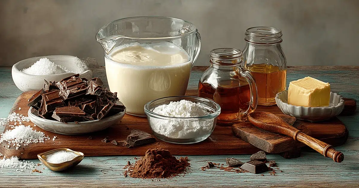 Best hot fudge recipe ingredients including chocolate, cream, butter, cocoa powder, and corn syrup