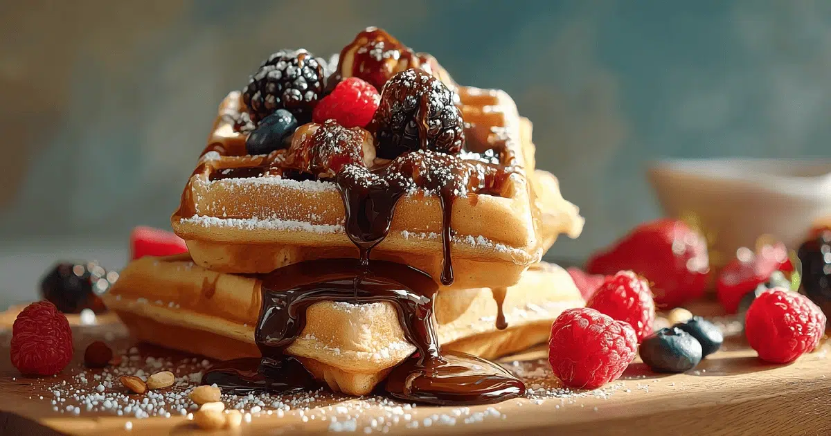 Best hot fudge recipe poured over waffles with berries and powdered sugar
