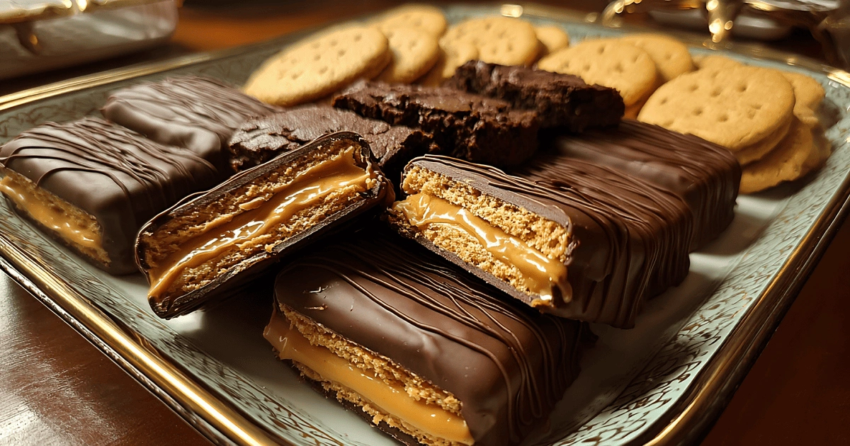 Buckeye Graham Crackers on a dessert platter with brownies and cookies, coated in chocolate and filled with peanut butter