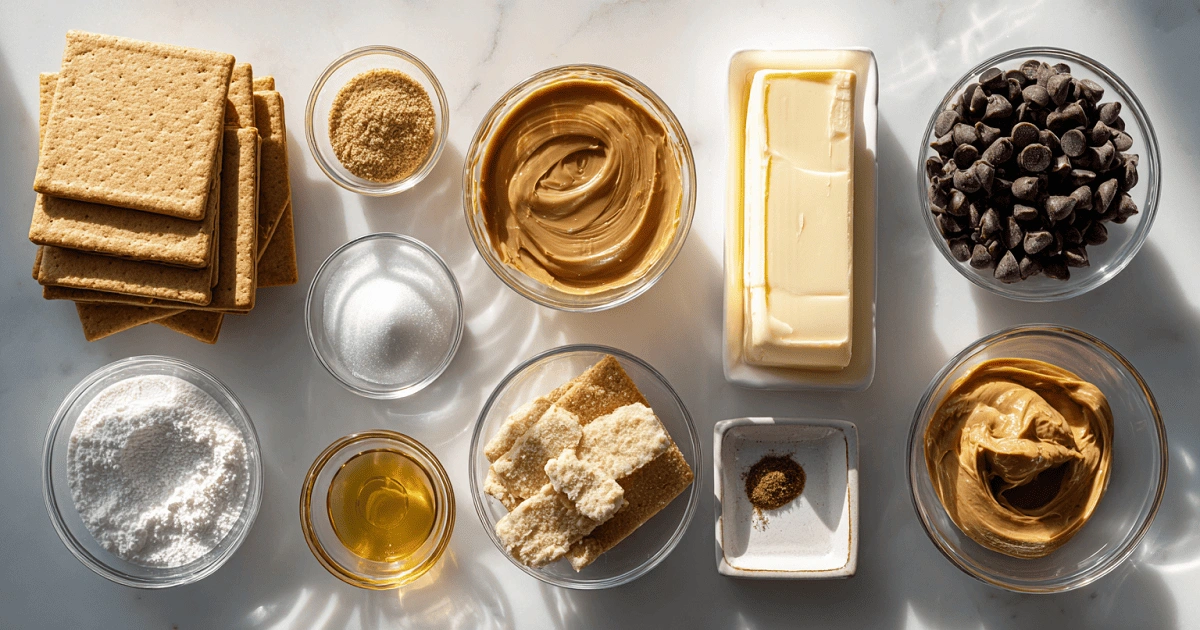 Ingredients for Buckeye Graham Crackers including graham crackers, peanut butter, butter, chocolate chips, powdered sugar, and vanilla