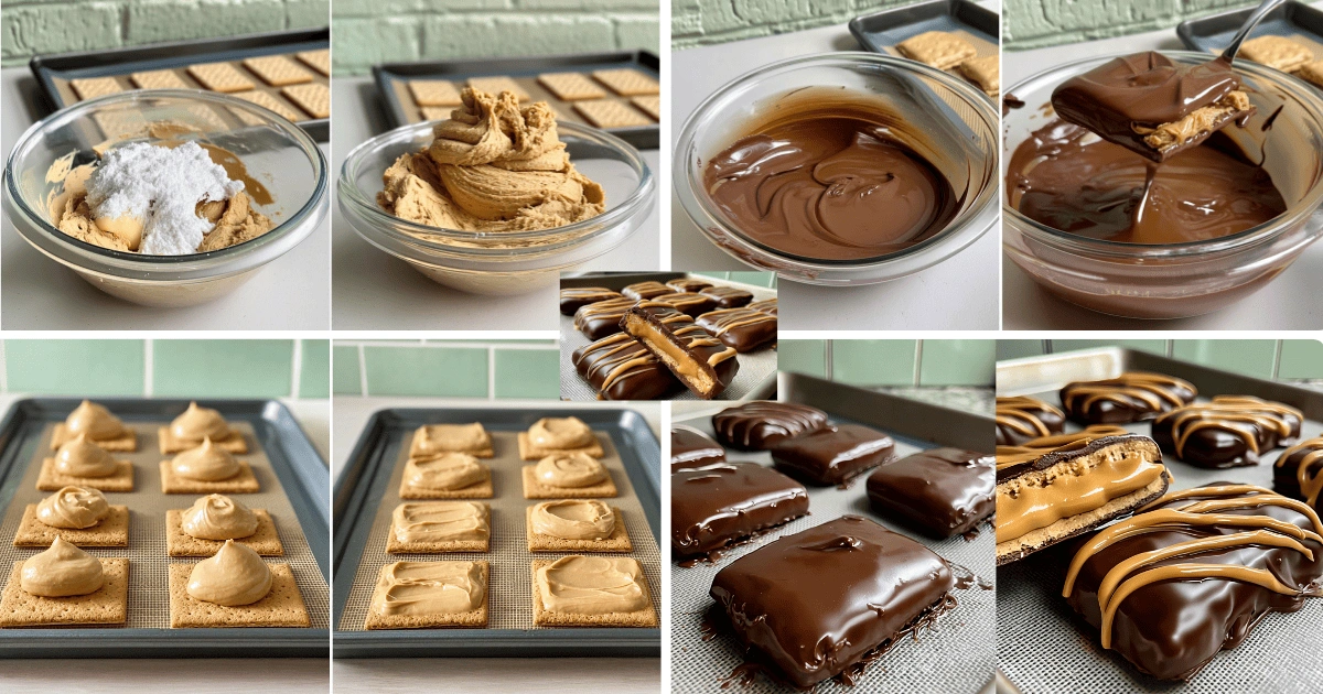 Step-by-step process for making Buckeye Graham Crackers, from mixing peanut butter filling to coating in chocolate and adding drizzle