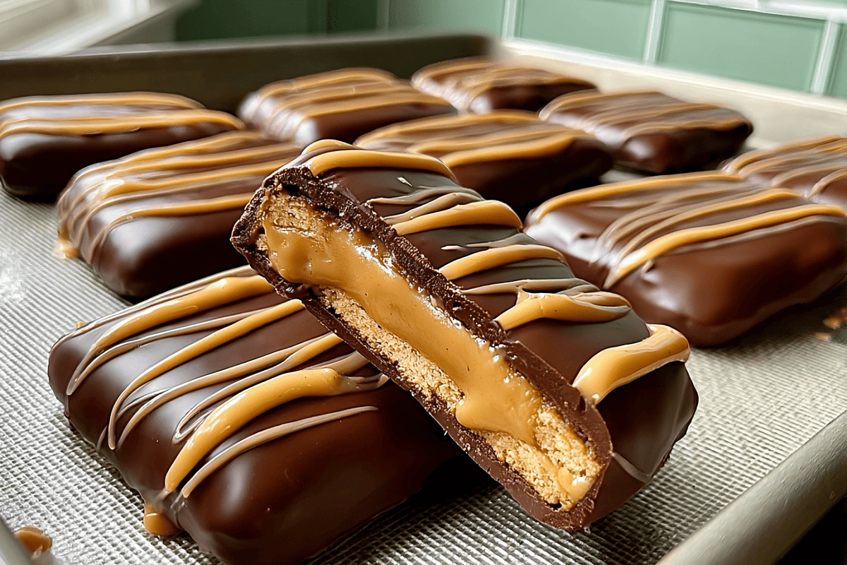 Buckeye Graham Crackers with creamy peanut butter filling, coated in chocolate, and drizzled with peanut butter