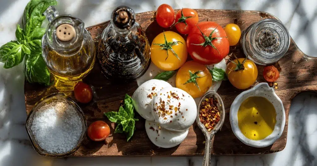 Fresh burrata cheese, heirloom tomatoes, basil, olive oil, balsamic vinegar, and seasonings on a wooden board for Burrata Caprese Salad