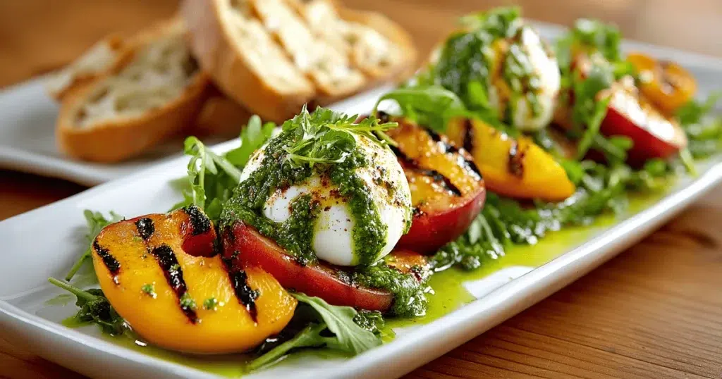 Burrata Caprese Salad variation with grilled peaches, arugula, burrata cheese, and pesto drizzle on a white platter with bread slices in the background
