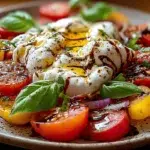 Burrata Caprese Salad with creamy burrata, heirloom tomatoes, fresh basil, olive oil, and balsamic glaze