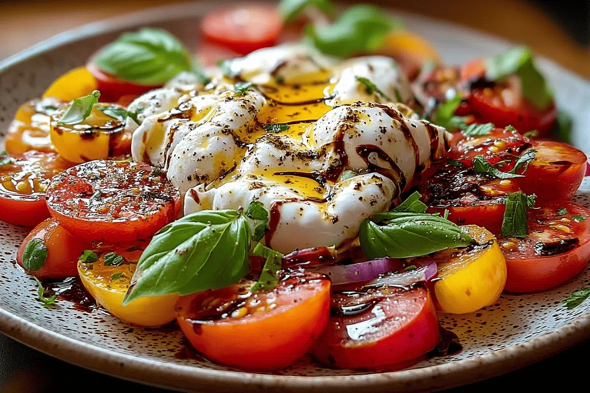 Burrata Caprese Salad with creamy burrata, heirloom tomatoes, fresh basil, olive oil, and balsamic glaze