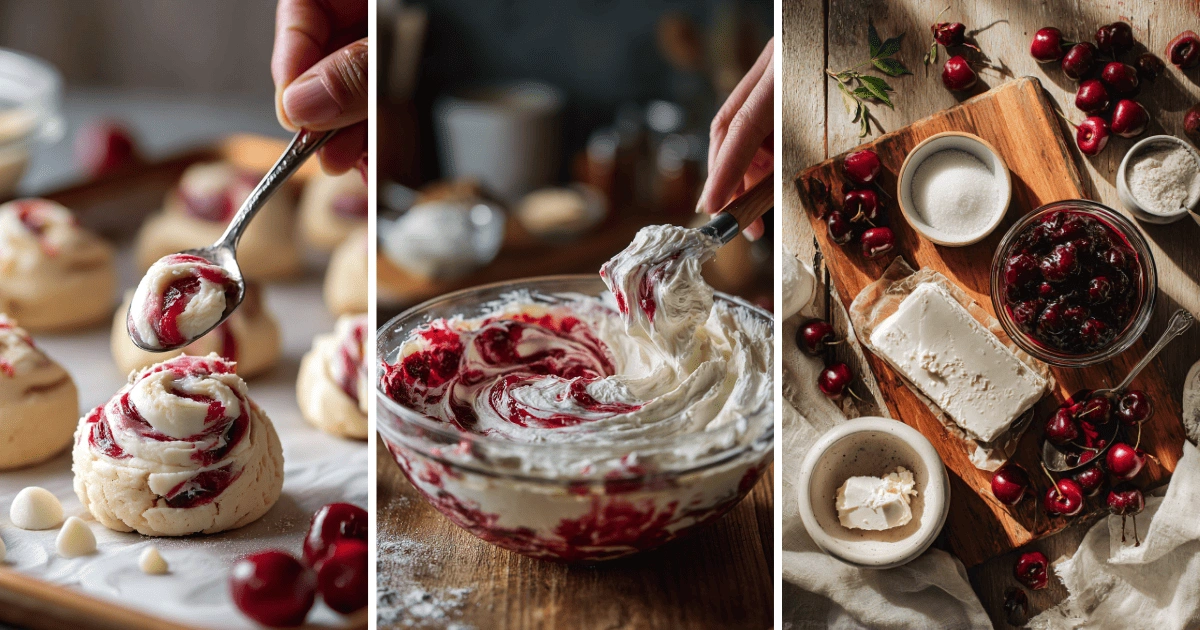 Step-by-step process of making cherry cheesecake swirl cookies, including cream cheese and cherry filling preparation and swirling technique